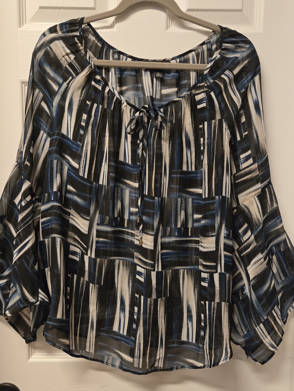 AB Studio Blue Black & White Abstract Peasant Blouse